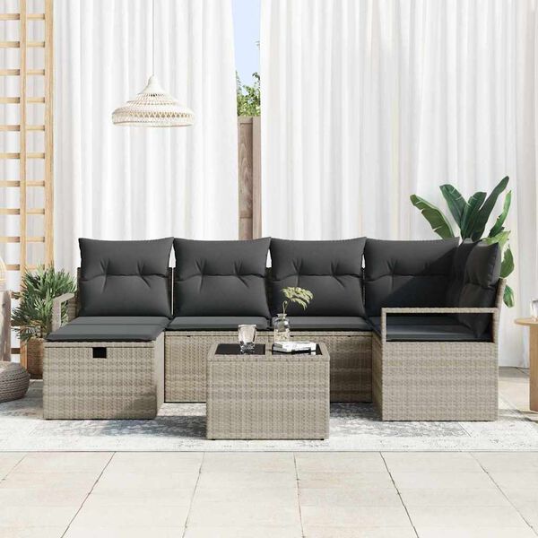 vidaXL Garten-Sofa-Set mit Kissen 7 pcs Hellgrau Poly Rattan
