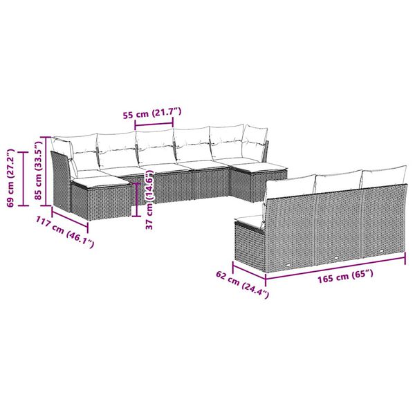 vidaXL 10-tlg. Garten-Sofagarnitur mit Kissen Hellgrau Poly Rattan