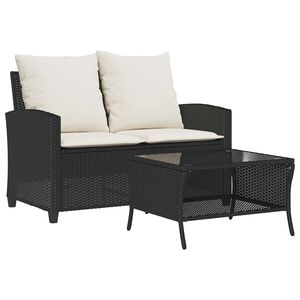 vidaXL Gartensofa 2-Sitzer mit Kissen & Tisch Schwarz Poly Rattan