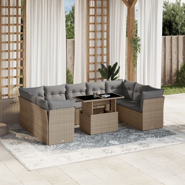 vidaXL 10-tlg. Garten-Sofagarnitur mit Kissen Beige Poly Rattan