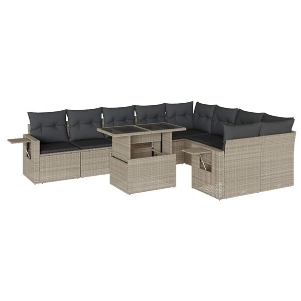 vidaXL 10-tlg. Garten-Sofagarnitur mit Kissen Hellgrau Poly Rattan