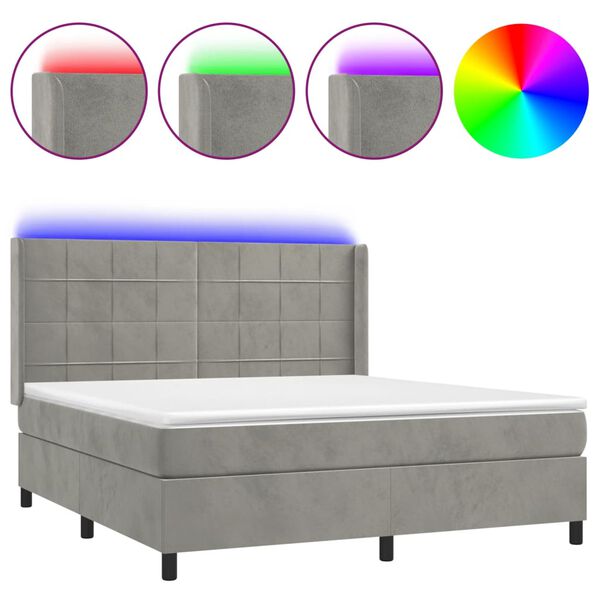 vidaXL Boxspringbett mit Matratze & LED Hellgrau 180x200 cm Samt