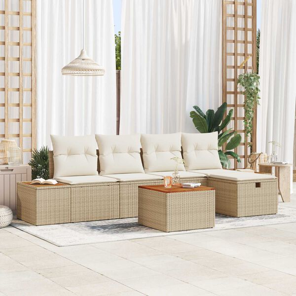 vidaXL Garten-Sofa-Set mit Kissen 6 pcs Beige Poly Rattan