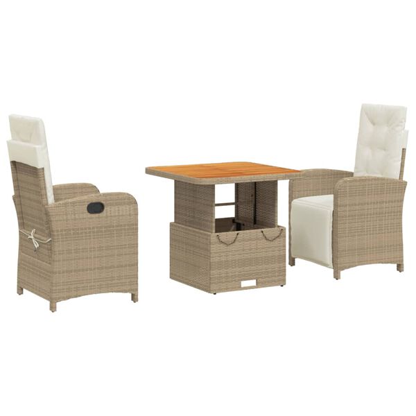 vidaXL 3-tlg. Garten-Essgruppe mit Kissen Beige Poly Rattan