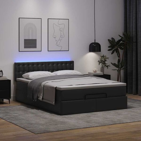 vidaXL Ottoman-Bett mit Matratzen & LEDs Schwarz 140x190 cm Kunstleder