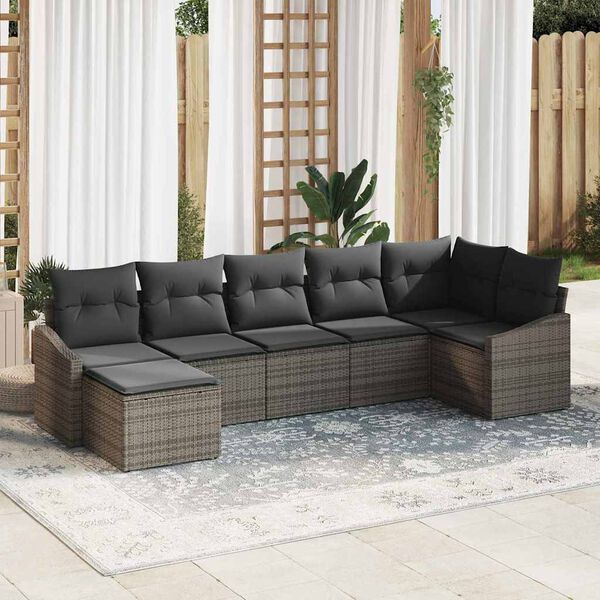 vidaXL Garten-Sofa-Set mit Kissen mit Speicher 7 pcs Grau Poly-Rattan