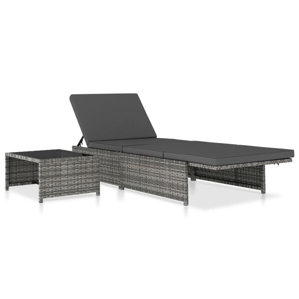 vidaXL Sonnenliegen 2 Stk. mit Tisch Poly Rattan Grau
