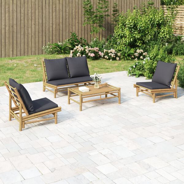 vidaXL 4-tlg. Garten-Lounge-Set mit Dunkelgrauen Kissen Bambus