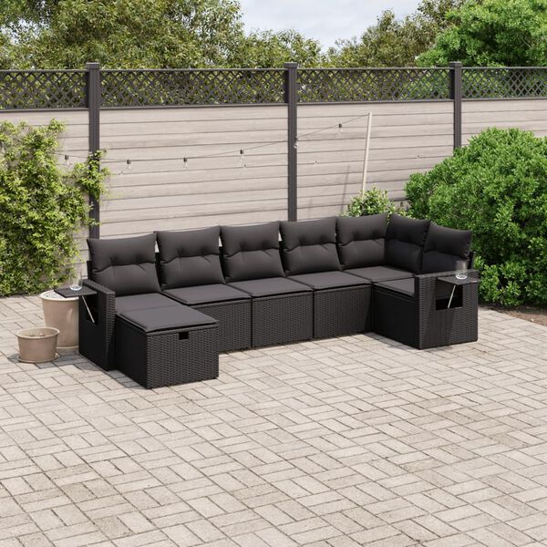 vidaXL 7-tlg. Garten-Sofagarnitur mit Kissen Schwarz Poly Rattan