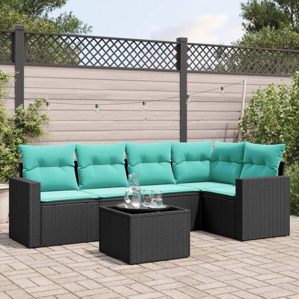 vidaXL 6-tlg. Garten-Sofagarnitur mit Kissen Schwarz Poly Rattan
