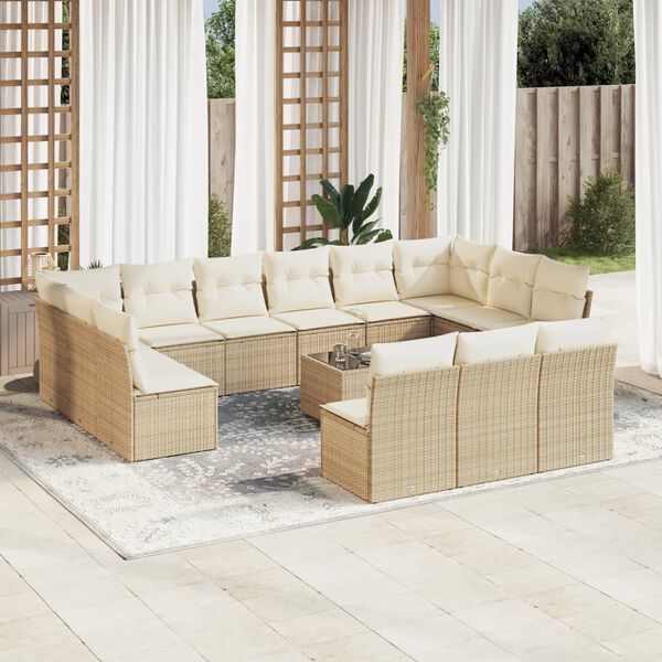 vidaXL 14-tlg. Garten-Sofagarnitur mit Kissen Beige Poly Rattan