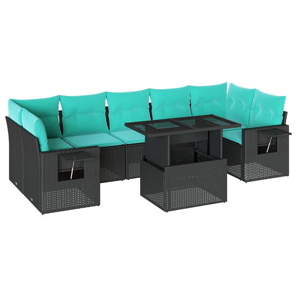 vidaXL 8-teiliges Gartensofa-Set mit Kissen, schwarzes Polyrattan