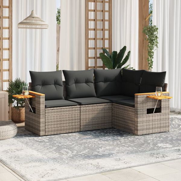 vidaXL 4-tlg. Garten-Sofagarnitur mit Kissen Grau Poly Rattan