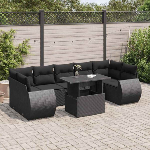 vidaXL 8-tlg. Garten-Sofagarnitur mit Kissen Schwarz Poly Rattan