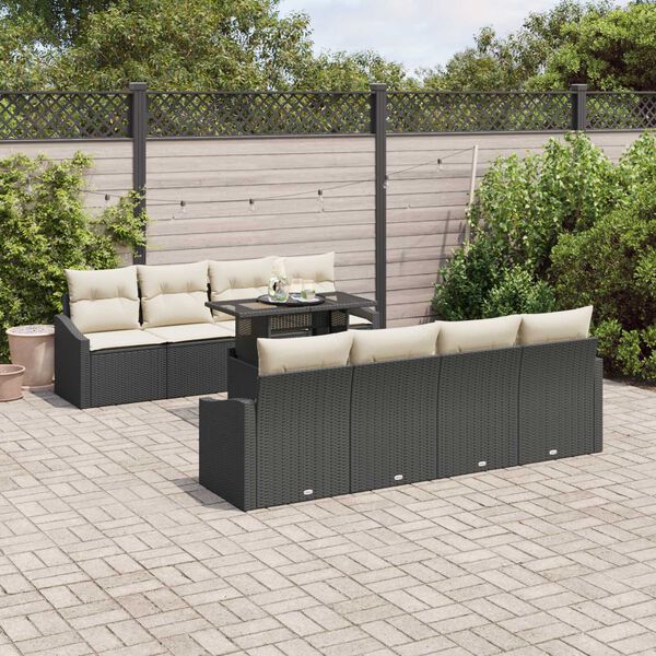 vidaXL Garten-Sofa-Set mit Kissen 7 pcs Schwarz und Creme Poly-Rattan