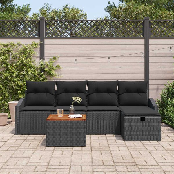 vidaXL Garten-Sofa-Set mit Kissen 6 pcs Schwarz Poly Rattan