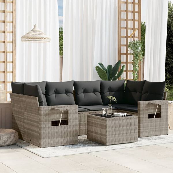 vidaXL 7-tlg. Garten-Sofagarnitur mit Kissen Hellgrau Poly Rattan