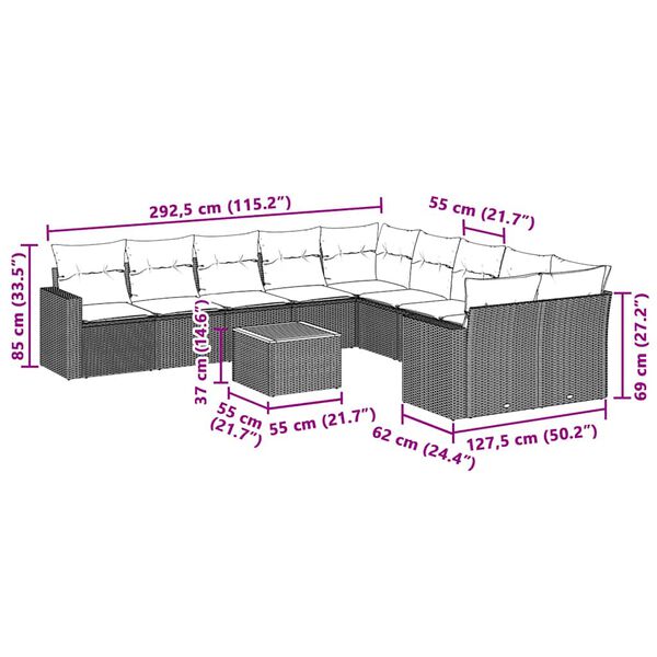 vidaXL 11-tlg. Garten-Sofagarnitur mit Kissen Schwarz Poly Rattan