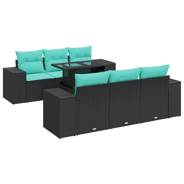 vidaXL 7-tlg. Garten-Sofagarnitur mit Kissen Schwarz Poly Rattan
