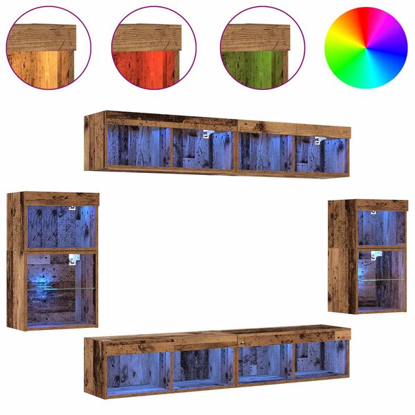 vidaXL TV-Schrankset mit LED-Lichtleisten 8 pcs Altholz Holzwerkstoff