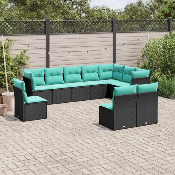 vidaXL 10-tlg. Garten-Sofagarnitur mit Kissen Schwarz Poly Rattan