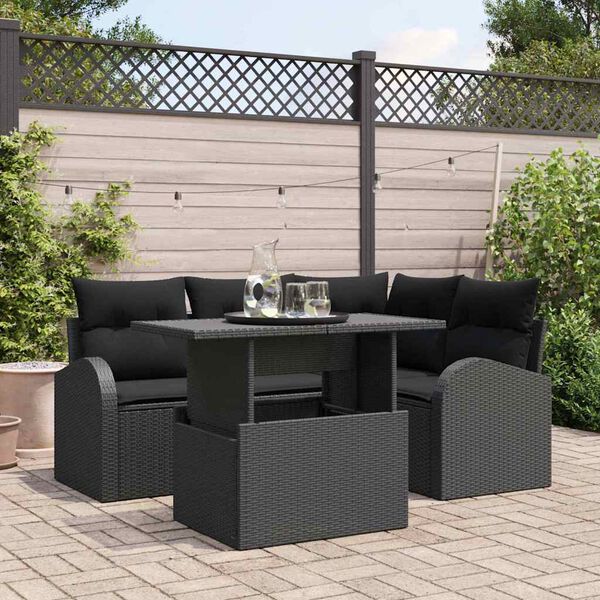 vidaXL Garten-Sofa-Set mit Kissen 5 pcs Schwarz Poly Rattan