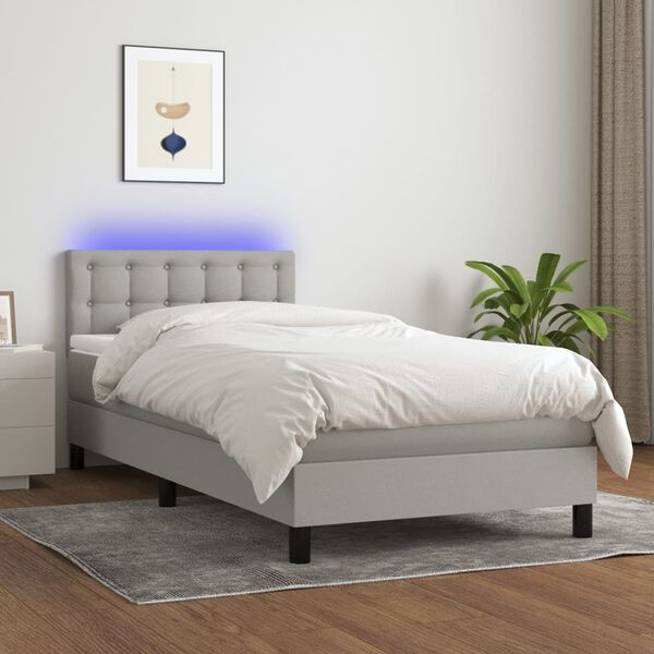 vidaXL Boxspringbett mit Matratze & LED Hellgrau 90x200 cm Stoff