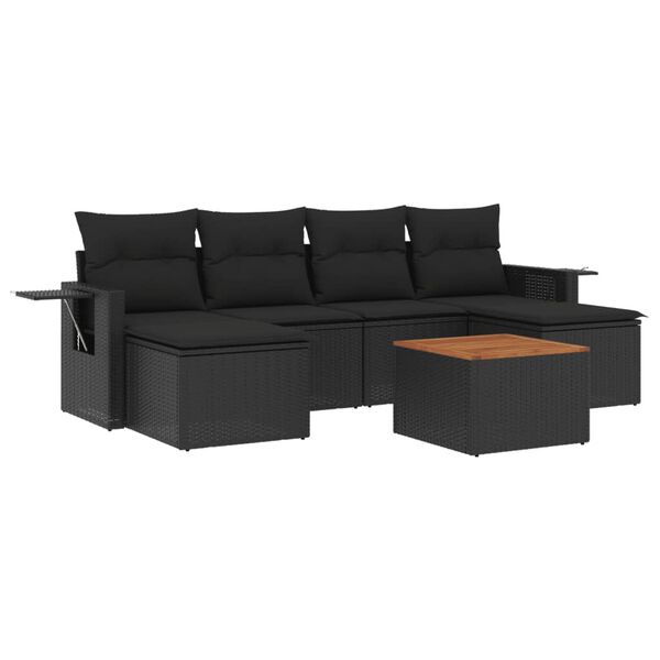 vidaXL 7-tlg. Garten-Sofagarnitur mit Kissen Schwarz Poly Rattan