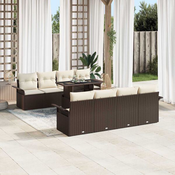 vidaXL Garten-Sofa-Set mit Kissen mit Speicher 9 pcs Braun Poly Rattan