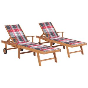 vidaXL Sonnenliegen 2 Stk. Auflagen Rotes Karomuster Massivholz Teak