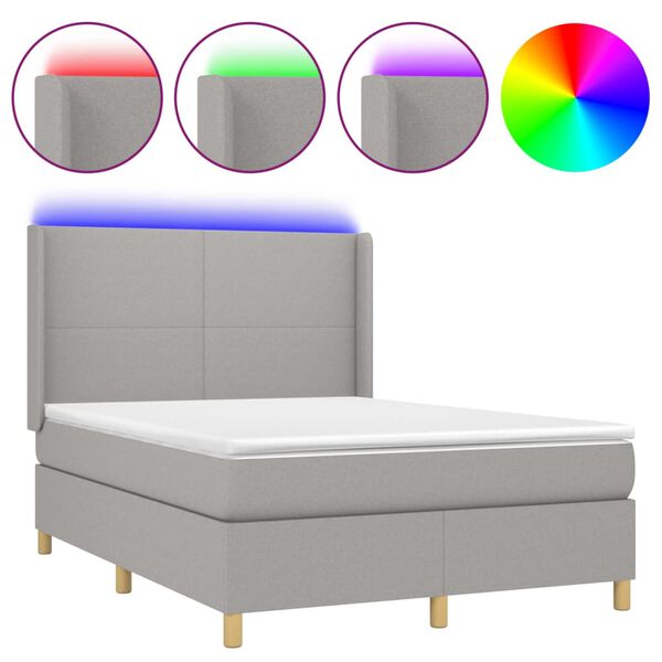 vidaXL Boxspringbett mit Matratze & LED Hellgrau 140x200 cm Stoff