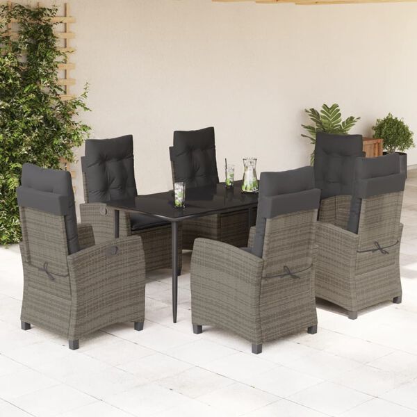 vidaXL 7-tlg. Garten-Essgruppe mit Kissen Grau Poly Rattan