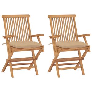 vidaXL Klappst&uuml;hle mit beigen Kissen, 2 St&uuml;ck, Massivholz Teakholz
