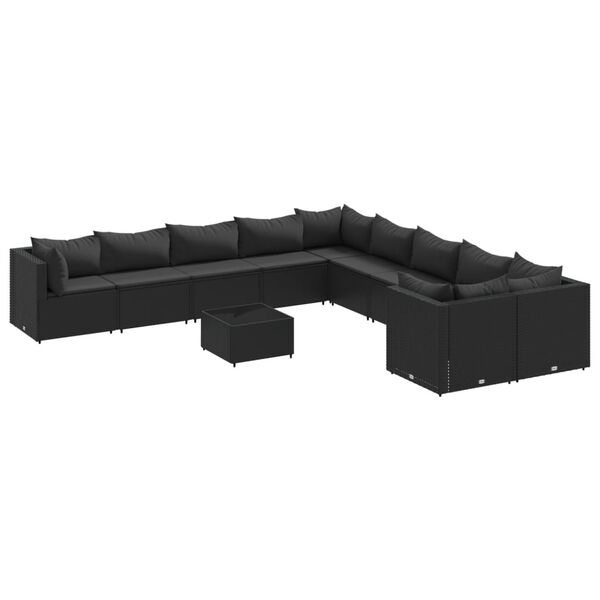 vidaXL 11-tlg. Garten-Sofagarnitur mit Kissen Schwarz Poly Rattan