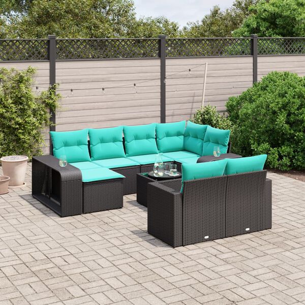 vidaXL 11-tlg. Garten-Sofagarnitur mit Kissen Schwarz Poly Rattan