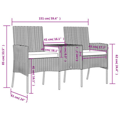 vidaXL 2-Sitzer Gartensofa mit Teetisch Poly Rattan Braun