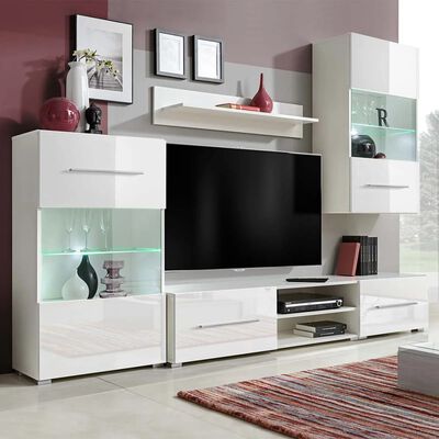 vidaXL Fünfteilige Wohnwand TV-Schrank mit LED-Beleuchtung Weiß