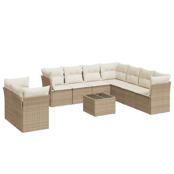 vidaXL 10-tlg. Garten-Sofagarnitur mit Kissen Beige Poly Rattan