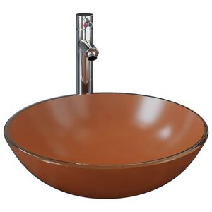 vidaXL Badezimmer Waschbecken mit Wasserhahn und Ablaufgarnitur Braun