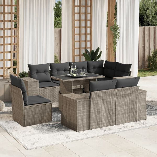vidaXL 9-tlg. Garten-Sofagarnitur mit Kissen Hellgrau Poly Rattan