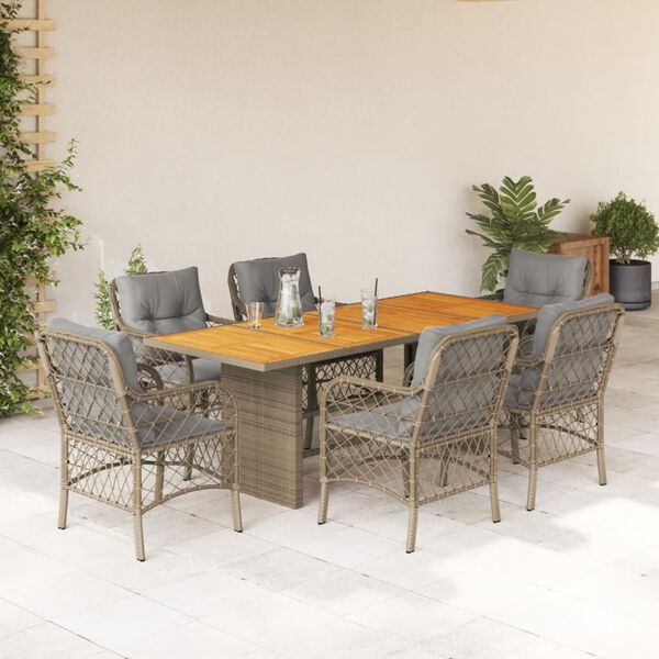 vidaXL 7-tlg. Garten-Essgruppe mit Kissen Beigemischung Poly Rattan
