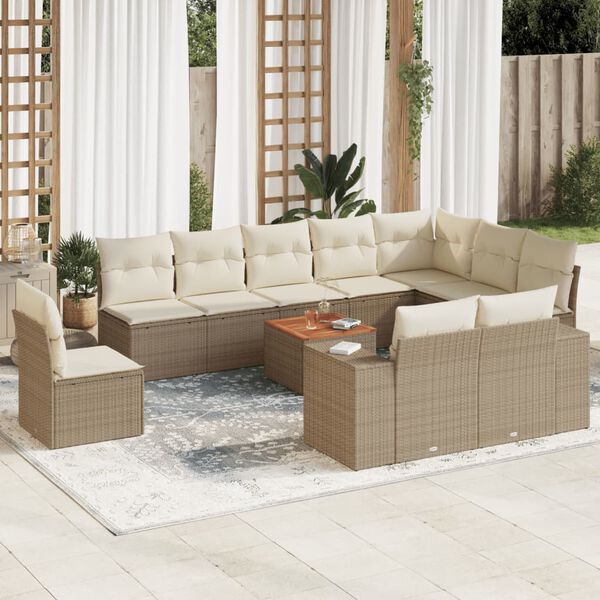 vidaXL 11-tlg. Garten-Sofagarnitur mit Kissen Beige Poly Rattan