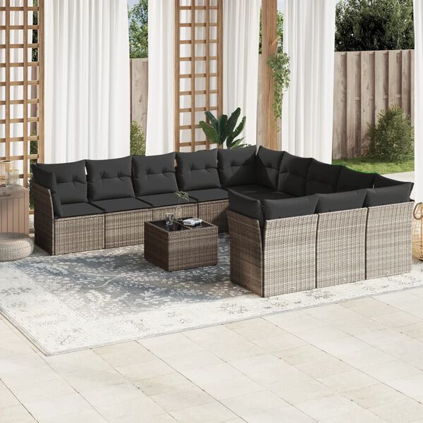 vidaXL 12-tlg. Garten-Sofagarnitur mit Kissen Hellgrau Poly Rattan