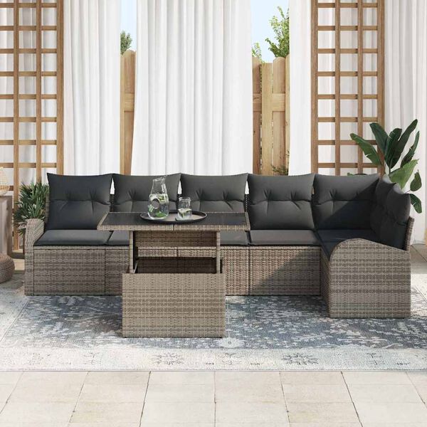 vidaXL Garten-Sofa-Set mit Kissen 7 pcs Grau Poly-Rattan