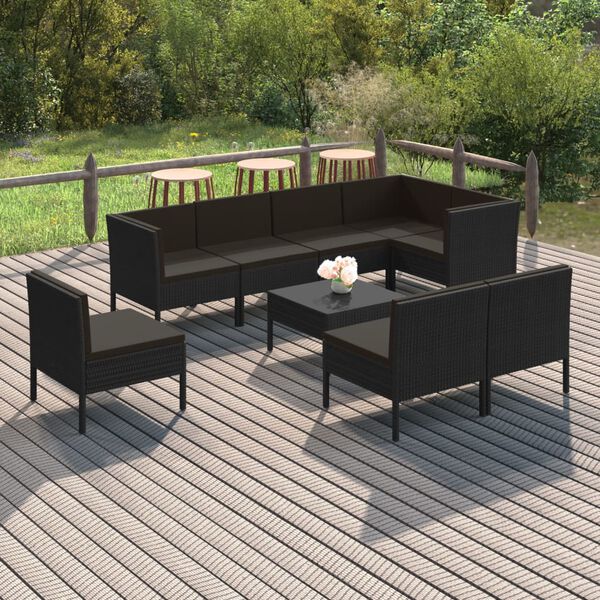 vidaXL 9-tlg. Garten-Lounge-Set mit Auflagen Poly Rattan Schwarz