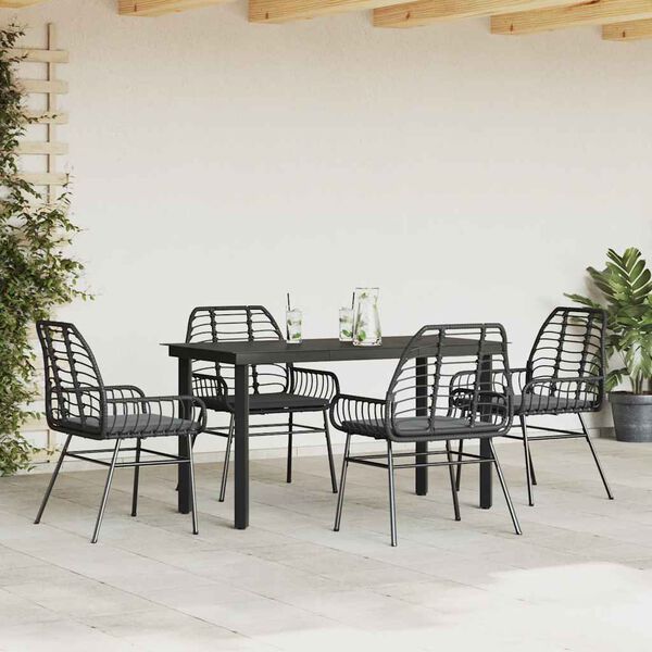 vidaXL 5-tlg. Garten-Essgruppe mit Kissen Schwarz Poly Rattan Glas