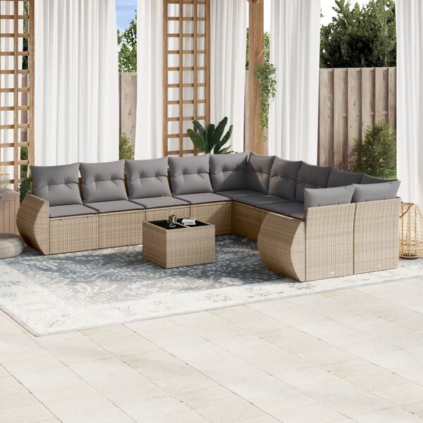vidaXL 11-tlg. Garten-Sofagarnitur mit Kissen Beige Poly Rattan