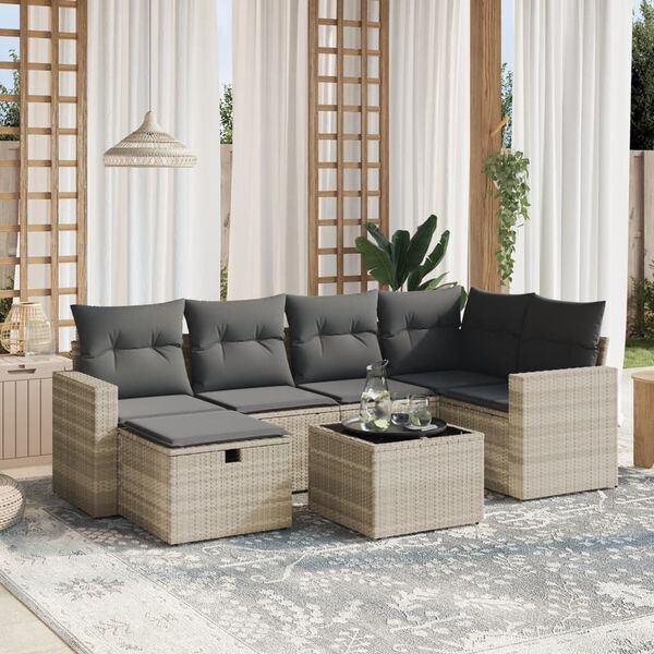 vidaXL 7-tlg. Garten-Sofagarnitur mit Kissen Hellgrau Poly Rattan