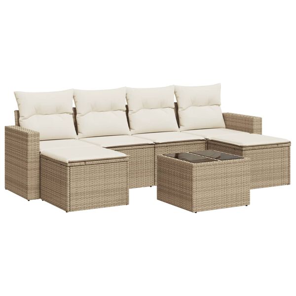 vidaXL 7-tlg. Garten-Sofagarnitur mit Kissen Beige Poly Rattan