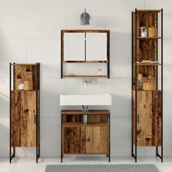 vidaXL Badezimmerm&ouml;bel Set mit Regal 4 pcs Altholz Holzwerkstoff